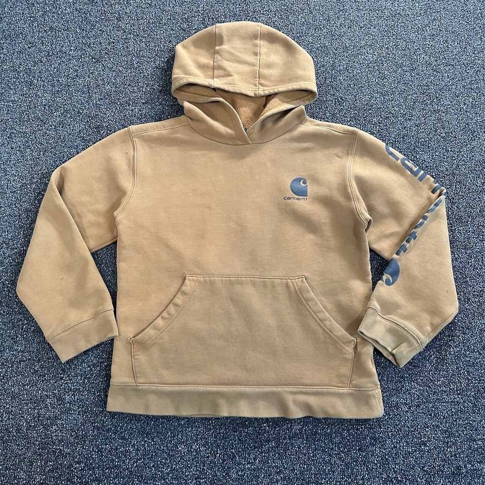 Carhartt Boys Tan Sherpa Lined Hoodie Logo Graphic Pullover Size L 14-16‎